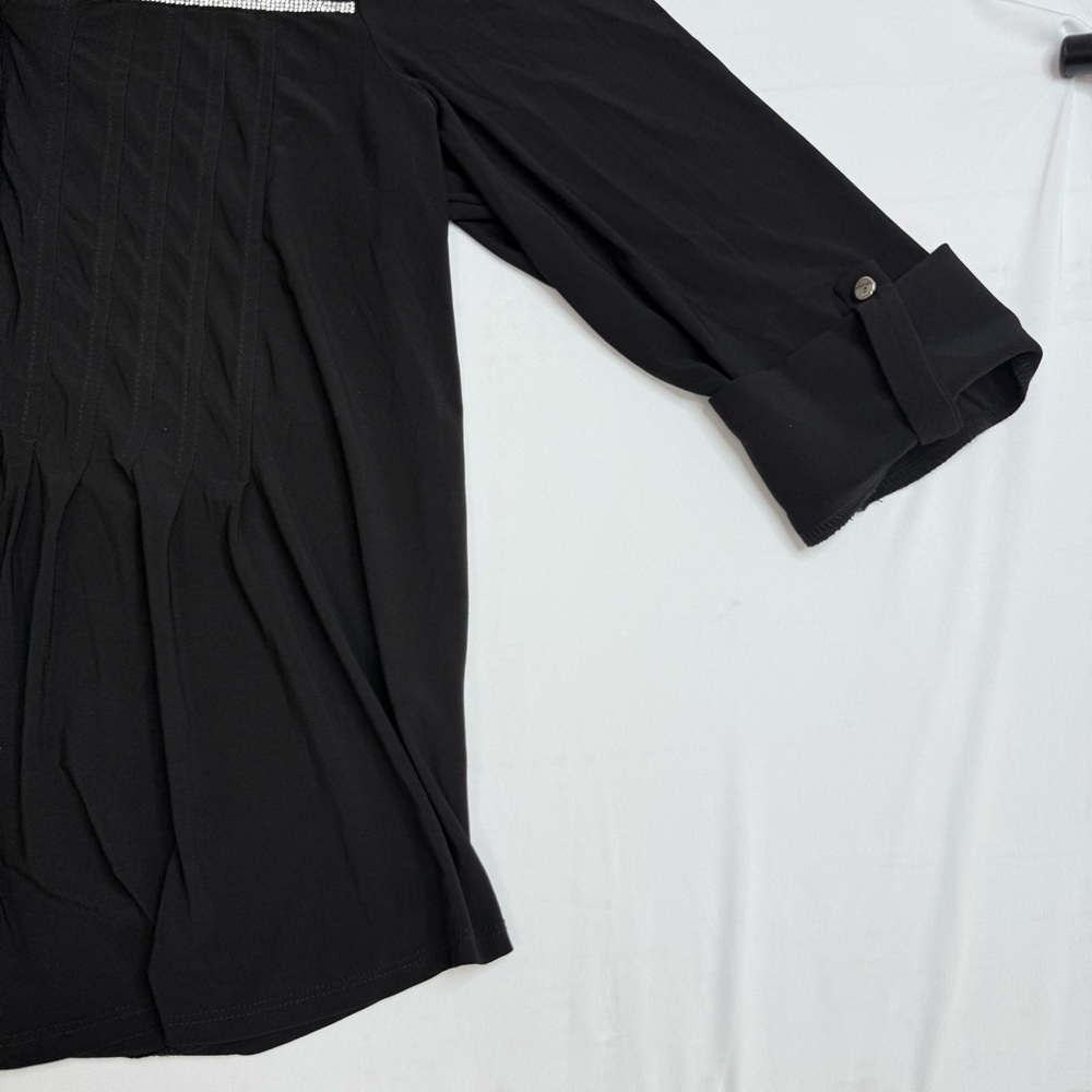 Ava & Grace Knit Black Blouse with Button Detail, Rhinestones, Rolled sleeves - Picture 2 of 9